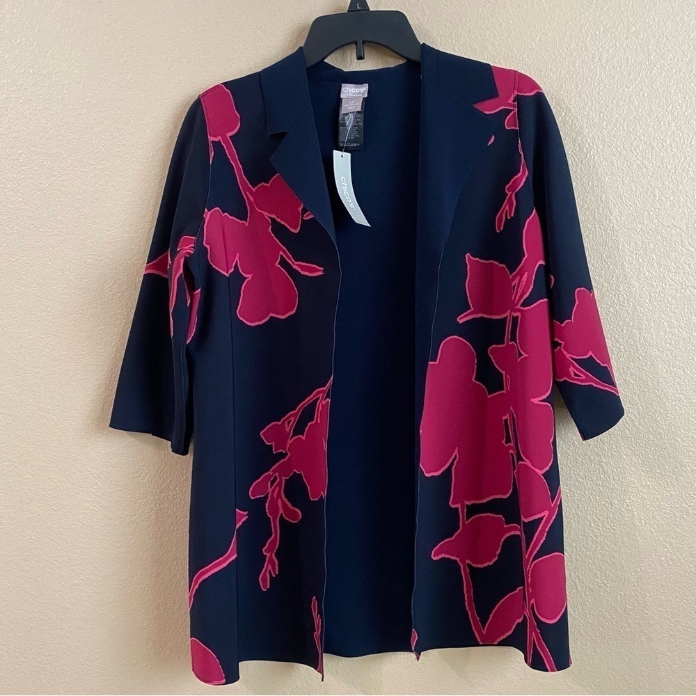 Chicos Travelers Size 0P US 4/6P New Reversible Printed Navy Pink Bonded Jacket